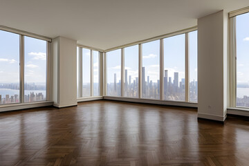 An empty spacious apartment with parquet flooring and floor to ceiling windows offering a wide view of the city skyline. A vacant office for sale or rent in a New York city skyscraper. Generative ai.