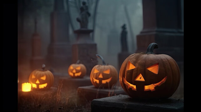 Jack 'O Lantern In Cemetery In Spooky Night With Full Moon - Halloween. Generative AI