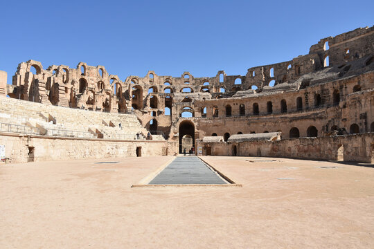 Symmetrical View from Ground Level Stage in El Jem Roman Amphitheater, Tunisia
