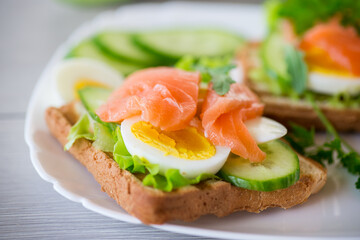 fried toast with lettuce, egg, cucumbers and red fish in a plate.