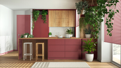 Home garden love. Wooden kitchen with island and stools interior design in white and red tones. Parquet, carpet and many house plants. Urban jungle, indoor biophilia idea