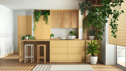 Home garden love. Wooden kitchen with island and stools interior design in white and yellow tones. Parquet, carpet and many house plants. Urban jungle, indoor biophilia idea