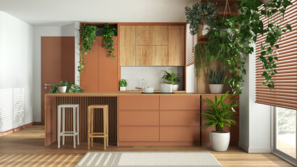 Home garden love. Wooden kitchen with island and stools interior design in white and orange tones. Parquet, carpet and many house plants. Urban jungle, indoor biophilia idea