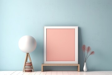 0470. Photo frame in front of light pastel wall. Generative AI