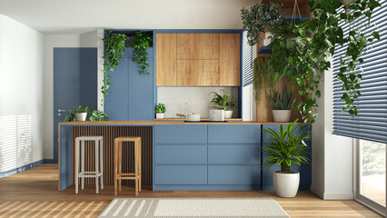 Home garden love. Wooden kitchen with island and stools interior design in white and blue tones. Parquet, carpet and many house plants. Urban jungle, indoor biophilia idea