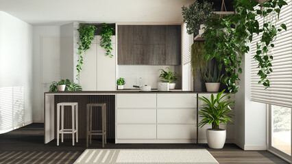 Home garden love. Dark wooden kitchen with island and stools interior design in white tones....