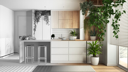 Architect interior designer concept: hand-drawn draft unfinished project that becomes real, home garden love. Wooden kitchen with many house plants. Urban jungle, indoor biophilia