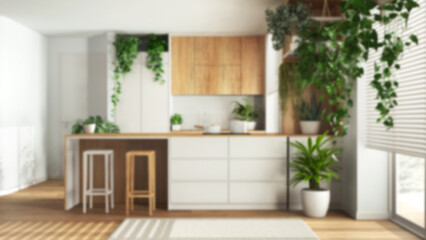 Fototapeta na wymiar Blurred background, home garden love. Wooden kitchen with island and stools interior design. Parquet, carpet and many house plants. Urban jungle, indoor biophilia idea