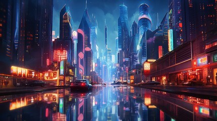 A Glowing Metropolis: A Futuristic Cityscape Illuminated by Vibrant Neon Lights on a Rainy Evening created with Generative AI technology