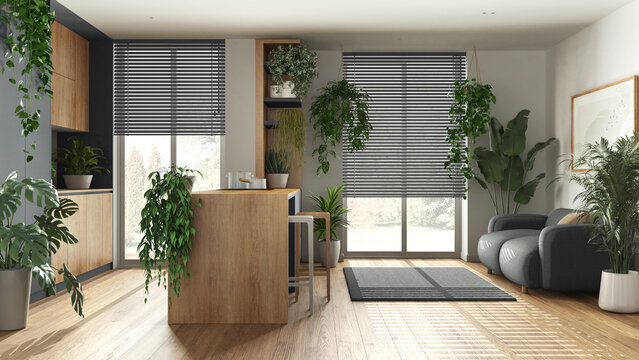Love for plants concept. Kitchen with island and living room interior design in gray and wooden tones. Parquet, sofa and many house plants. Urban jungle idea
