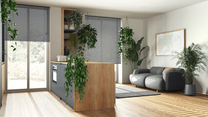 Fototapeta premium Modern wooden kitchen and living room in gray tones with island, sofa, window and appliances. Biophilic concept, many houseplants. Urban jungle interior design
