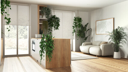 Modern wooden kitchen and living room in white tones with island, sofa, window and appliances. Biophilic concept, many houseplants. Urban jungle interior design