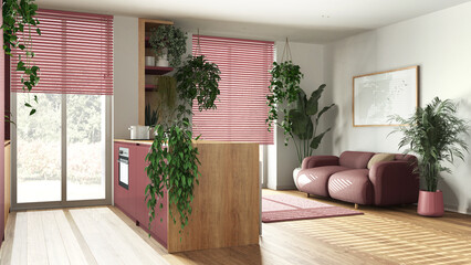 Fototapeta premium Modern wooden kitchen and living room in red tones with island, sofa, window and appliances. Biophilic concept, many houseplants. Urban jungle interior design