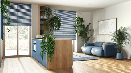 Modern wooden kitchen and living room in blue tones with island, sofa, window and appliances. Biophilic concept, many houseplants. Urban jungle interior design