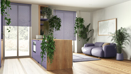 Fototapeta na wymiar Modern wooden kitchen and living room in violet tones with island, sofa, window and appliances. Biophilic concept, many houseplants. Urban jungle interior design