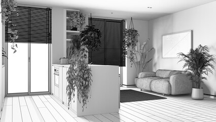 Blueprint unfinished project draft, modern wooden kitchen and living room with island, sofa, window and appliances. Biophilic concept, many houseplants. Urban jungle interior design