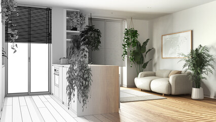 Architect interior designer concept: hand-drawn draft unfinished project that becomes real, kitchen and living room. Biophilic concept, many houseplants. Urban jungle style