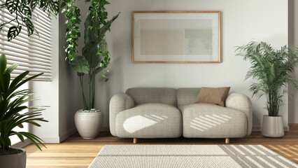 Minimal wooden living room in white and beige tones with fabric sofa, carpet, and frame mockup. Biophilic concept, houseplants. Modern interior design
