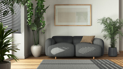 Minimal wooden living room in white and gray tones with fabric sofa, carpet, and frame mockup. Biophilic concept, houseplants. Modern interior design