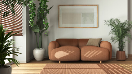 Minimal wooden living room in white and orange tones with fabric sofa, carpet, and frame mockup. Biophilic concept, houseplants. Modern interior design