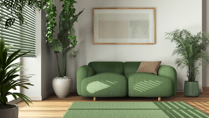 Minimal wooden living room in white and green tones with fabric sofa, carpet, and frame mockup. Biophilic concept, houseplants. Modern interior design
