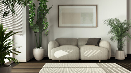 Minimal dark wooden living room in white and beige tones with fabric sofa, carpet, and frame mockup. Biophilic concept, houseplants. Modern interior design