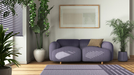 Minimal wooden living room in white and purple tones with fabric sofa, carpet, and frame mockup. Biophilic concept, houseplants. Modern interior design
