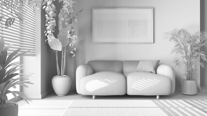 Total white project draft, minimal wooden living room with fabric sofa, carpet, and frame mockup. Biophilic concept, houseplants. Modern interior design