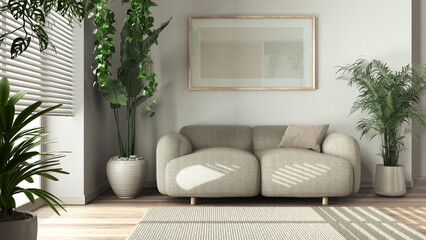 Minimal bleached wooden living room in white and beige tones with fabric sofa, carpet, and frame mockup. Biophilic concept, houseplants. Modern interior design