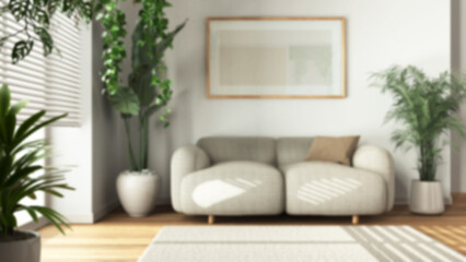 Fototapeta na wymiar Blurred background, minimal wooden living room with fabric sofa, carpet, and frame mockup. Biophilic concept, houseplants. Modern interior design