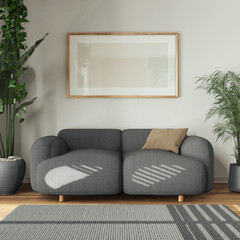 Urban jungle interior design, wooden living room in white and gray tones with fabric sofa and houseplants. Carpet and frame mockup. Biophilic concept idea