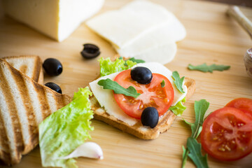 fried toasts with mozzarella, lettuce and tomatoes with herbs