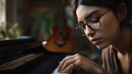 Songwriter Female Hispanic Young Adult Writing lyrics and composing music for artists or for their own songs in Home studio. Generative AI AIG22. - obrazy, fototapety, plakaty