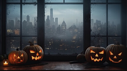 Jack 'O Lantern on windowsill. Night city background - Halloween. Generative AI