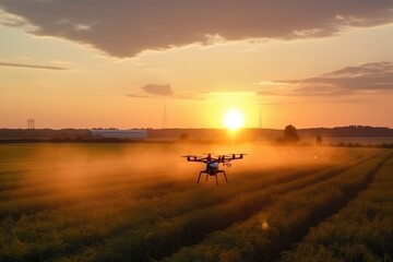 Drones spray fertilizer on the field at sunset. Generative AI