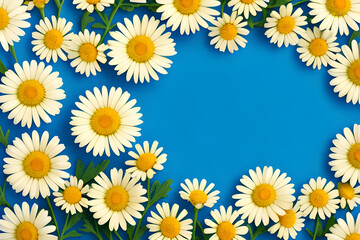 Beautiful Daisies on a blue minimalist background. Generative AI