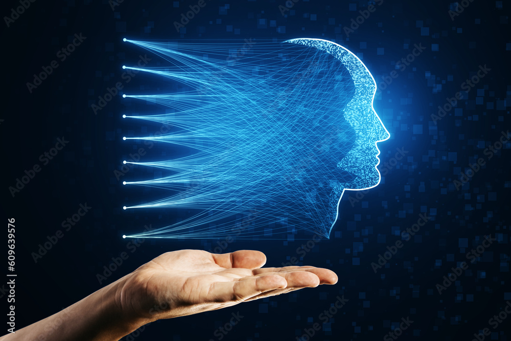 Poster innovation, research, artificial intelligence and big data concept with digital blue human face prof