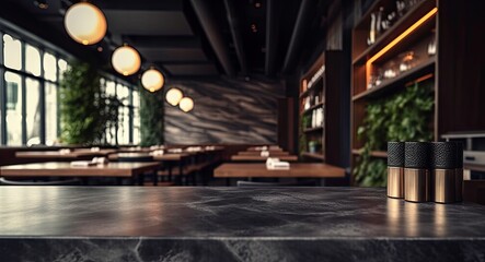 Empty Table and Marble Counter in Blurred Background. Modern Restaurant Interior