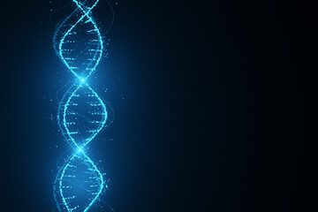 Innovation, science and genetics concept with bright digital DNA molecule neon style on abstract dark blue background with empty place for your logo. 3D rendering, mockup - obrazy, fototapety, plakaty