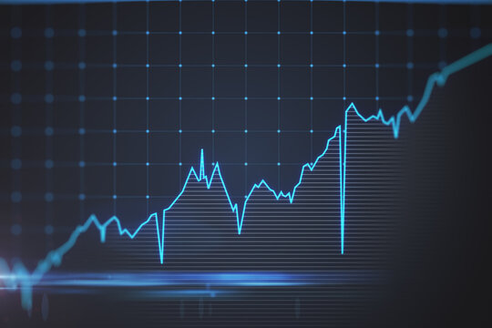 Closeup of trading and stock market concept with digital glowing graphs and diagrams on dark blue technological background. 3D rendering