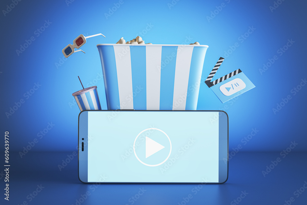 Poster creative blue online movie theater background with smartphone, pop corn and other items. multimedia 