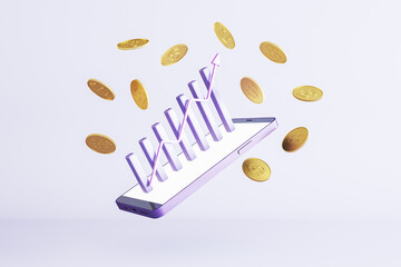 Abstract image of cellphone with creative business chart and golden dollar coins on light background. Mobile banking app, investment and digital finance concept. 3D Rendering.
