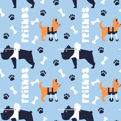 Seamless pattern with disabled dogs. Concept illustration about the adaptation of pets with physical disabilities. Canine prosthesis for the front paws. A device for the safe movement of the blind.