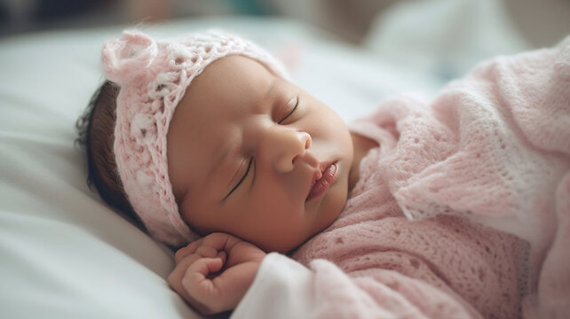 Newborn baby sleeping in prenatal hospital crib. Overhead view of cute child lying in bed. generative ai