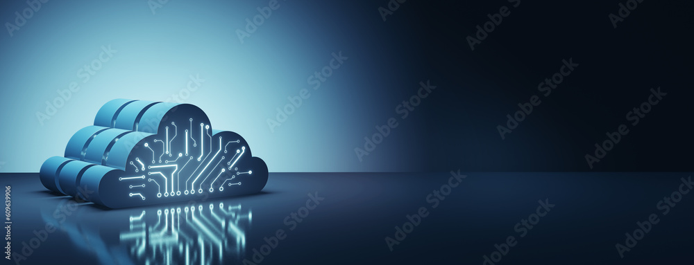 Aufkleber Cloud technology, data exchange and storage concept with digital cloud symbol with circuit on dark blue abstract technological background with empty space for your logo. 3D rendering, mockup