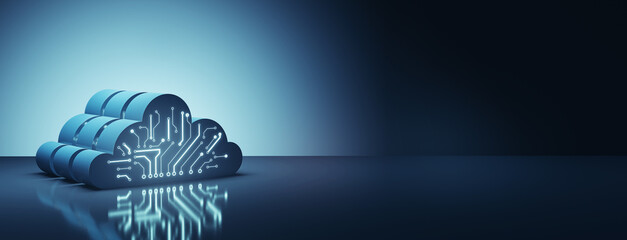 Cloud technology, data exchange and storage concept with digital cloud symbol with circuit on dark blue abstract technological background with empty space for your logo. 3D rendering, mockup