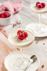 Coconut milk panna cotta with raspberries