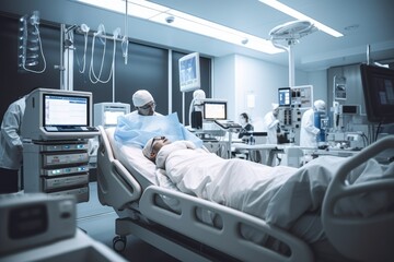 Patient lying in a hospital bed, surrounded by medical equipment and monitors. Generative AI