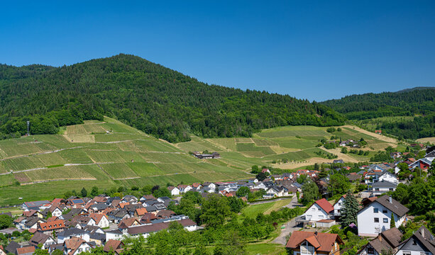 View of Kappelrodeck in the acher valley. Black Forest, Baden-Wuerttemberg, Germany, Europe