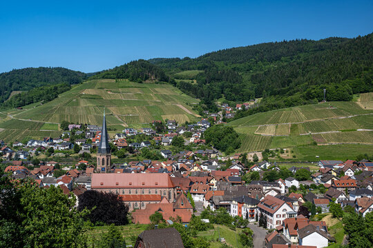 View of Kappelrodeck in the acher valley. Black Forest, Baden-Wuerttemberg, Germany, Europe